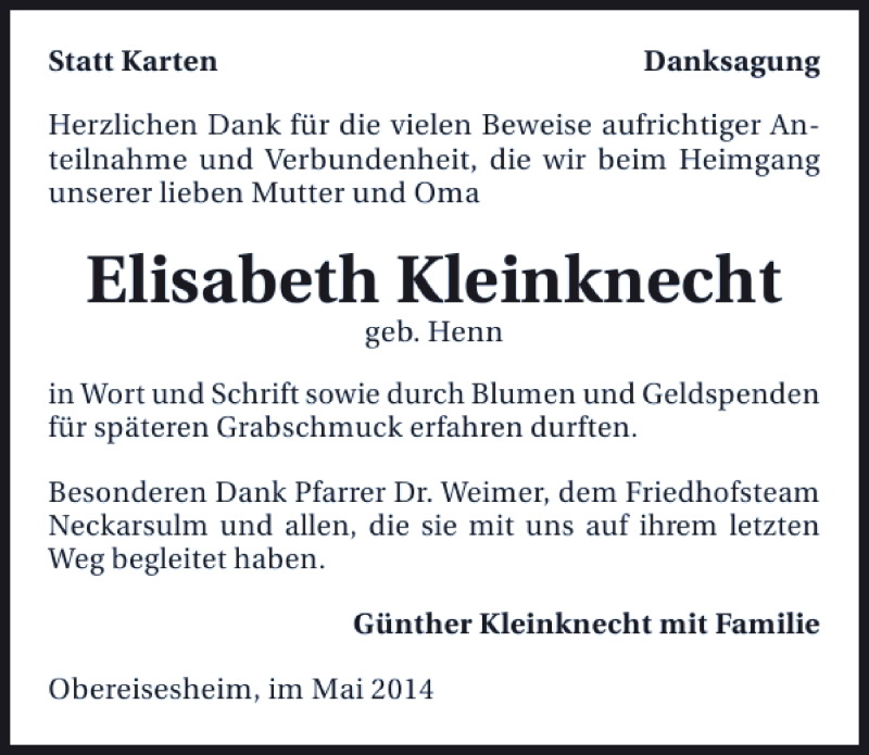  Traueranzeige für Elisabeth Kleinknecht vom 31.05.2014 aus 