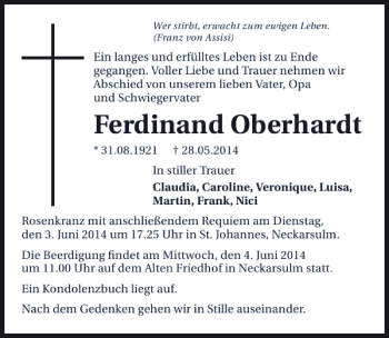 Traueranzeige von Traueranzeige Ferdinand Oberhardt 