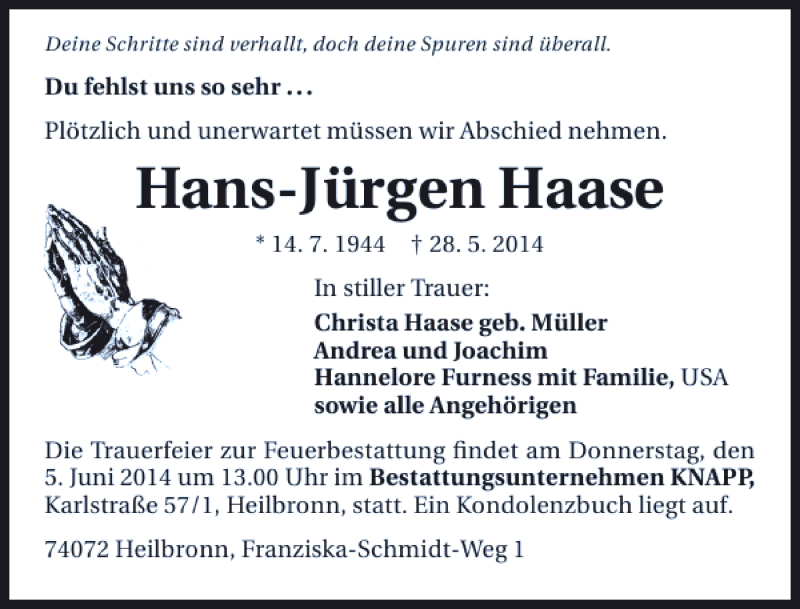  Traueranzeige für Hans-Jürgen Haase vom 02.06.2014 aus 
