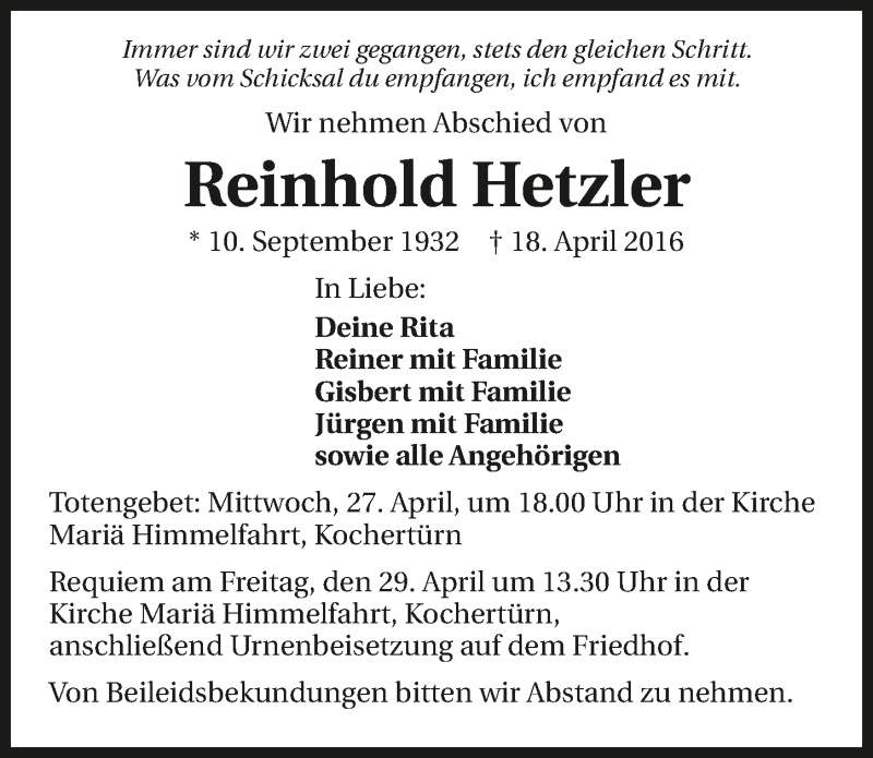  Traueranzeige für Reinhold Hetzler vom 26.04.2016 aus 