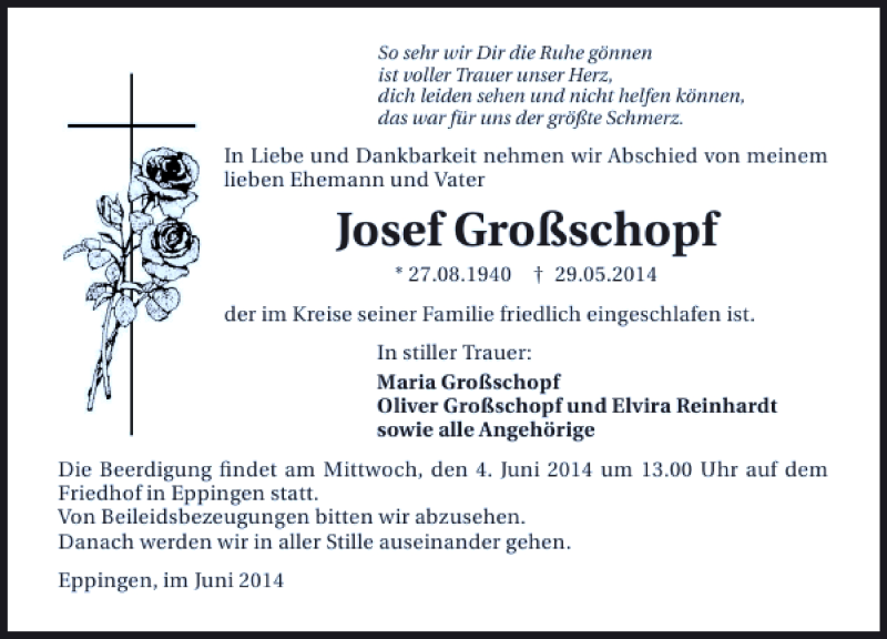  Traueranzeige für Großschopf Josef vom 03.06.2014 aus 