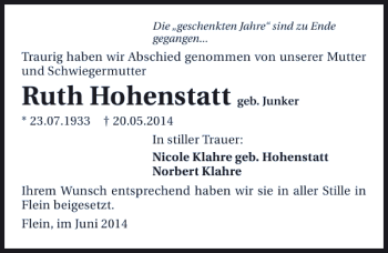 Traueranzeige von Ruth Hohenstatt 