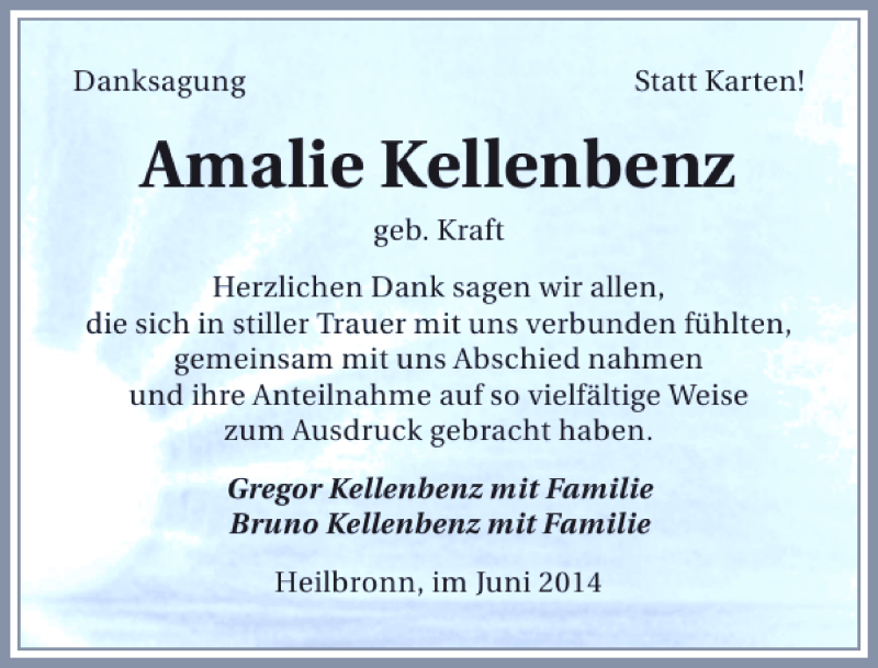  Traueranzeige für Amalie Kellenbenz vom 04.06.2014 aus 