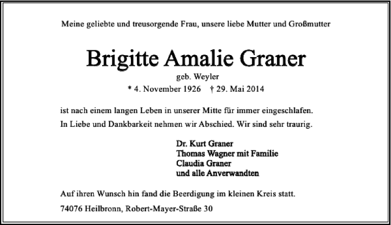  Traueranzeige für Brigitte Amalie Graner vom 07.06.2014 aus 