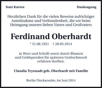 Traueranzeige von Ferdinand Oberhardt 