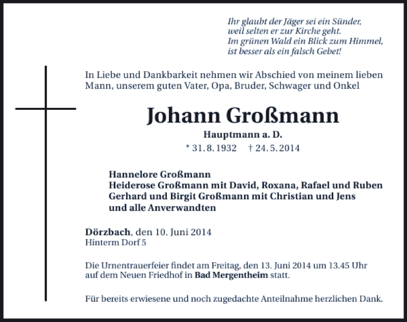  Traueranzeige für Johann Großmann vom 10.06.2014 aus 