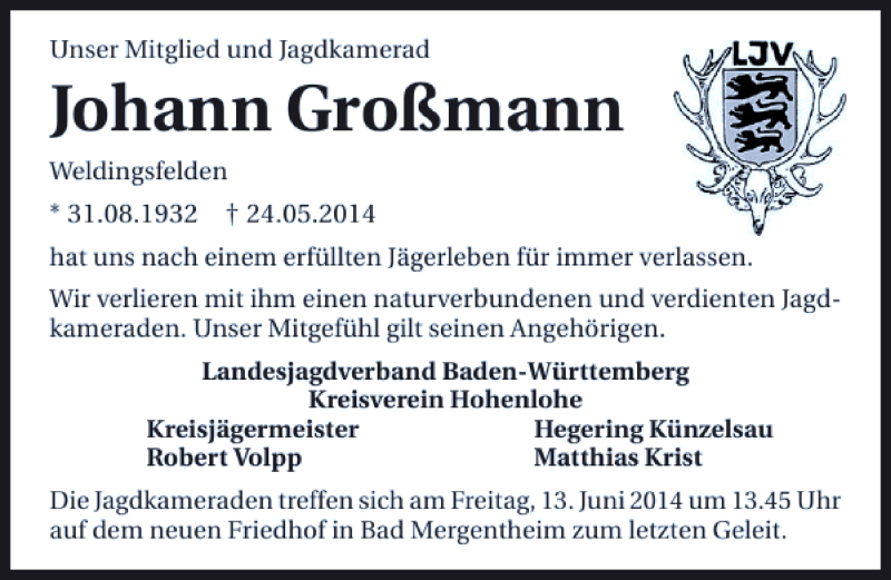  Traueranzeige für Johann Großmann vom 10.06.2014 aus 