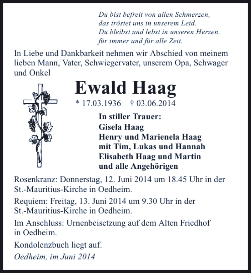  Traueranzeige für Ewald Haag vom 11.06.2014 aus 
