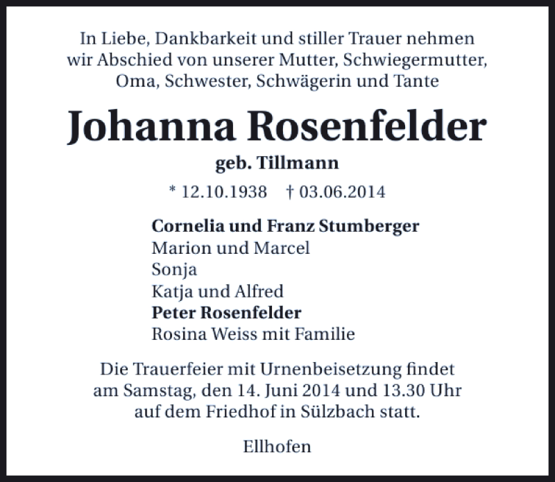  Traueranzeige für Johanna Rosenfelder vom 11.06.2014 aus 
