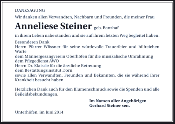 Traueranzeige von Anneliese Steiner 