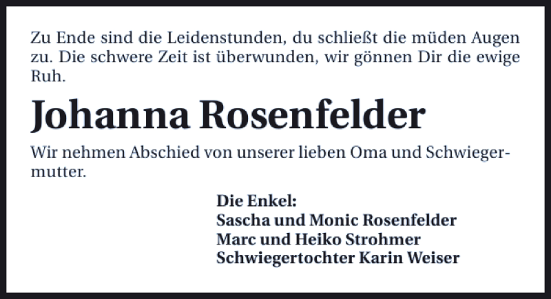  Traueranzeige für Johanna Rosenfelder vom 12.06.2014 aus 