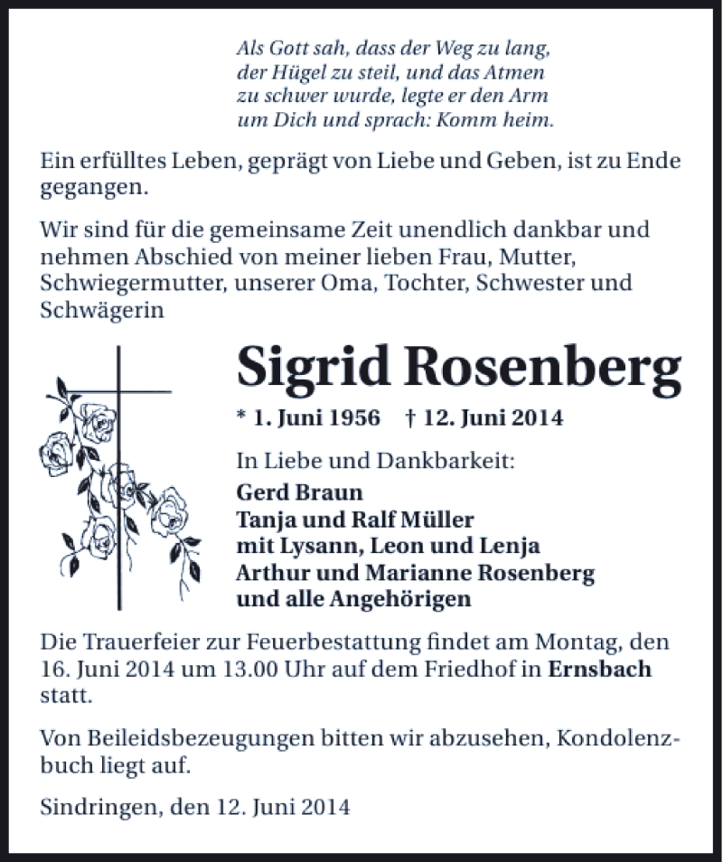  Traueranzeige für Sigrid Rosenberg vom 14.06.2014 aus 