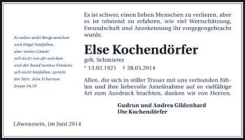 Traueranzeige von Else Kochendörfer 
