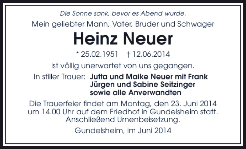  Traueranzeige für Heinz Neuer vom 20.06.2014 aus 