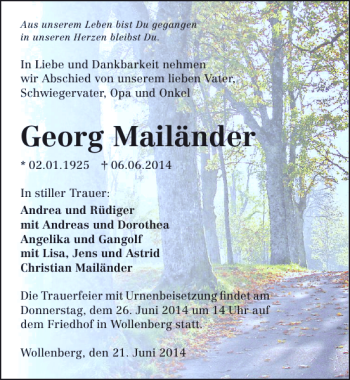 Traueranzeige von Georg Mailänder 