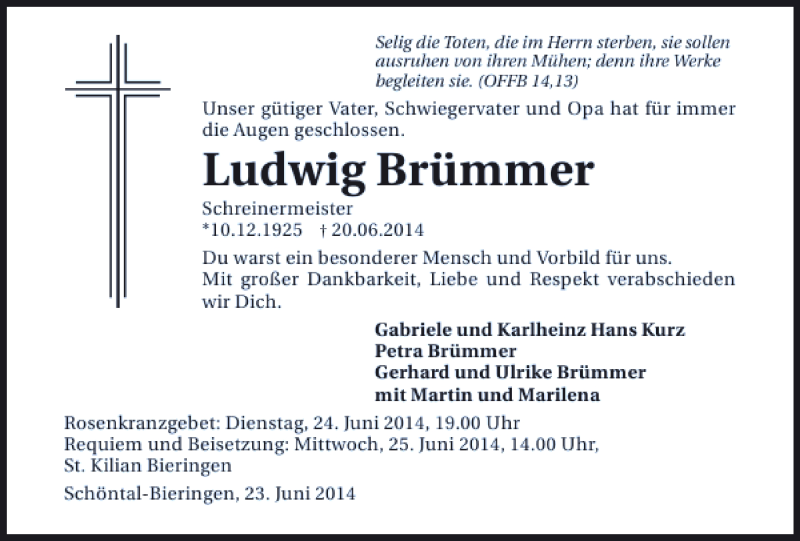  Traueranzeige für die im Herrn sterben Selig die Toten vom 23.06.2014 aus 