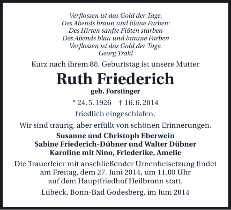  Traueranzeige für Des Abends braun und blaue Far Verflossen ist das Gold der Tage vom 24.06.2014 aus 