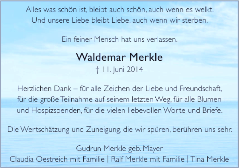  Traueranzeige für Waldemar Merkle vom 25.06.2014 aus 