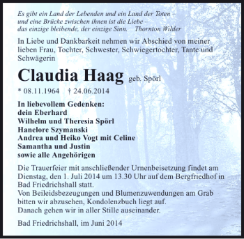 Traueranzeige von Claudia Haag 