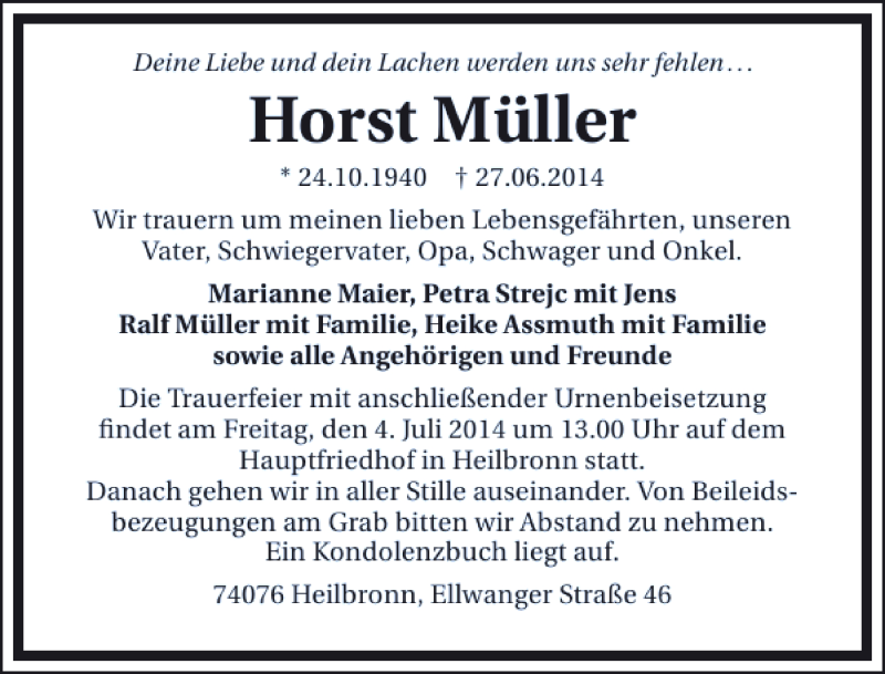 Traueranzeige für Horst Müller vom 30.06.2014 aus 
