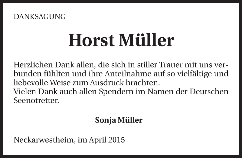  Traueranzeige für Horst Müller vom 29.04.2015 aus 