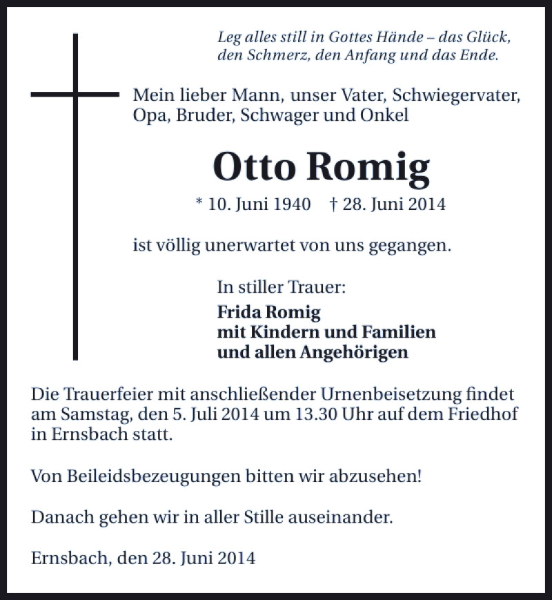  Traueranzeige für Otto Romig vom 02.07.2014 aus 