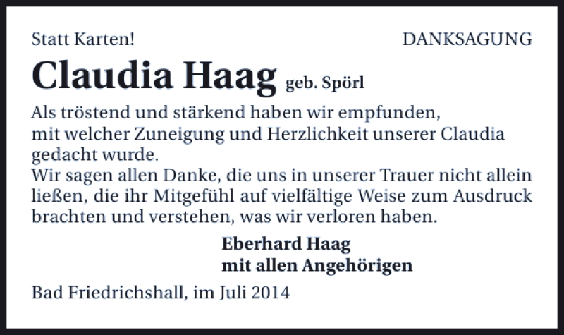  Traueranzeige für Haag Claudia vom 04.07.2014 aus 