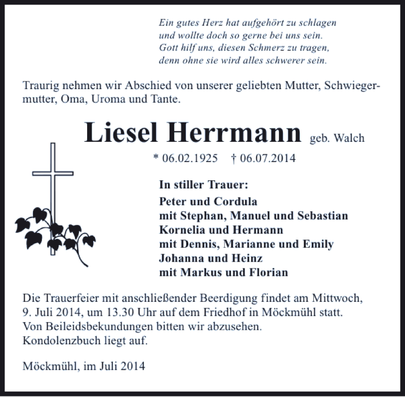  Traueranzeige für Liesel Herrmann vom 08.07.2014 aus 