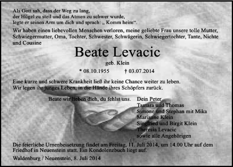  Traueranzeige für Beate Levacic vom 08.07.2014 aus 