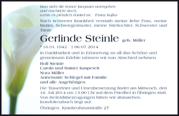 Traueranzeige von Gerlinde Steinle 