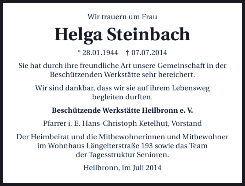  Traueranzeige für Helga Steinbach vom 11.07.2014 aus 