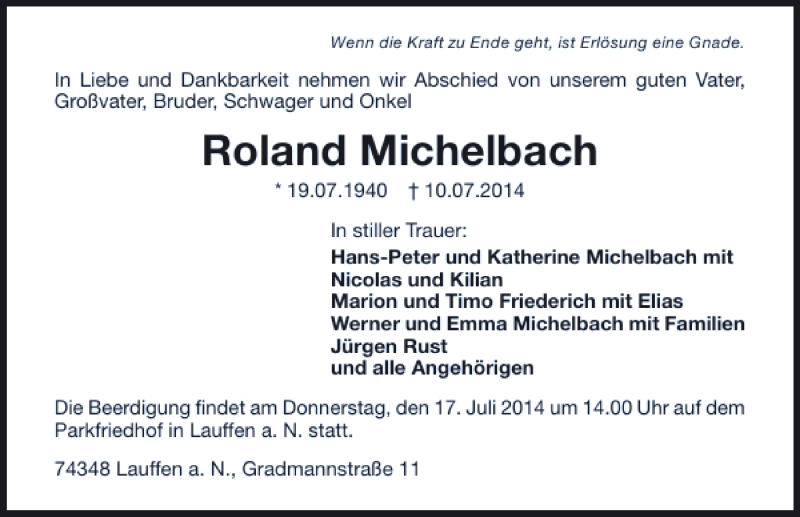  Traueranzeige für Roland Michelbach vom 12.07.2014 aus 