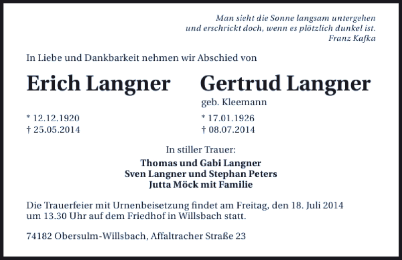  Traueranzeige für Erich Langner Langner vom 15.07.2014 aus 