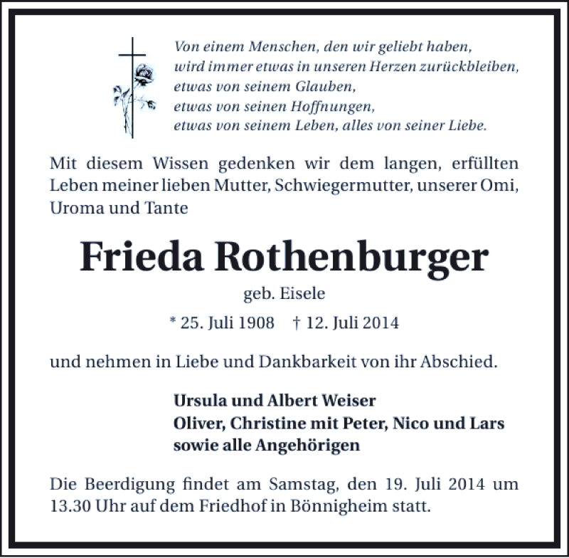  Traueranzeige für Frieda Rothenburger vom 15.07.2014 aus 