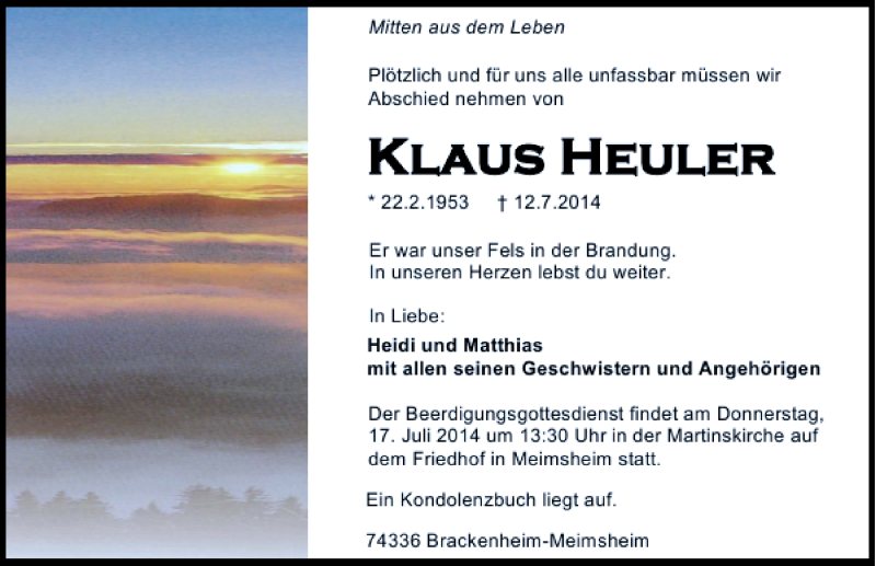  Traueranzeige für Klaus Jürgen (Familie) Heuler vom 15.07.2014 aus 