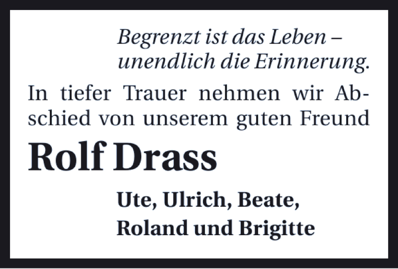  Traueranzeige für Rolf Drass vom 17.07.2014 aus 