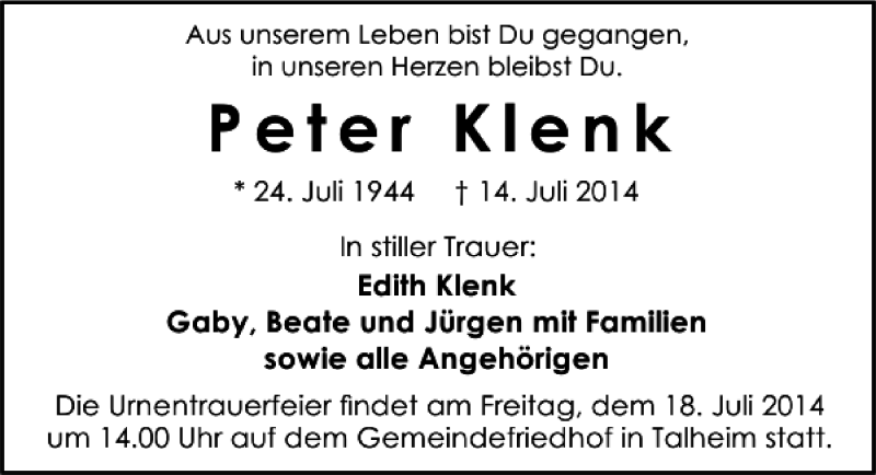  Traueranzeige für Peter Klenk vom 17.07.2014 aus 