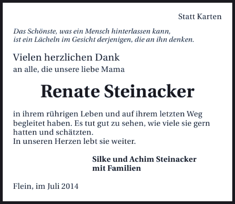  Traueranzeige für Renate Steinacker vom 19.07.2014 aus 