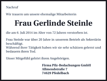 Traueranzeige von Frau Gerlinde Steinle 
