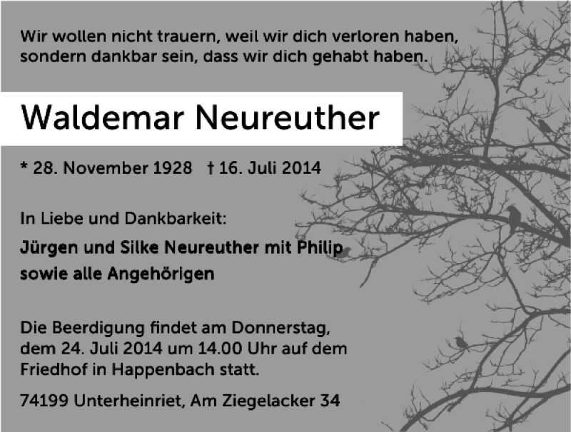  Traueranzeige für Waldemar Neureuther vom 19.07.2014 aus 