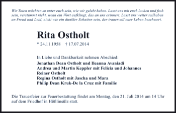 Traueranzeige von Rita Ostholt 