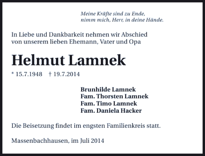  Traueranzeige für Helmut Lamnek vom 21.07.2014 aus 