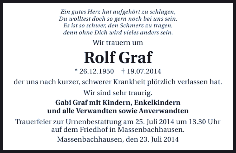  Traueranzeige für Rolf Graf vom 23.07.2014 aus 