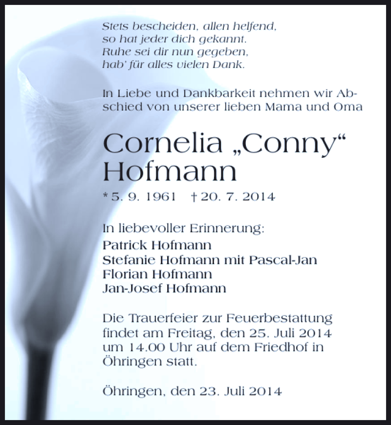  Traueranzeige für Cornelia Conny Hofmann vom 23.07.2014 aus 