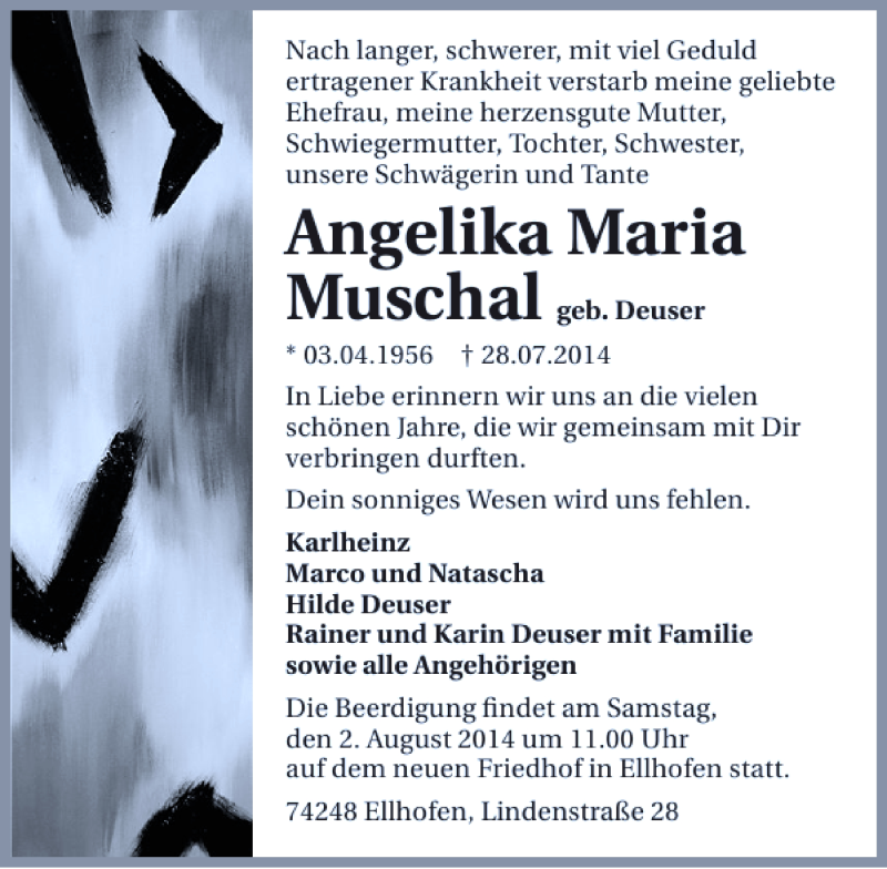  Traueranzeige für Angelika Maria Muschal vom 30.07.2014 aus 