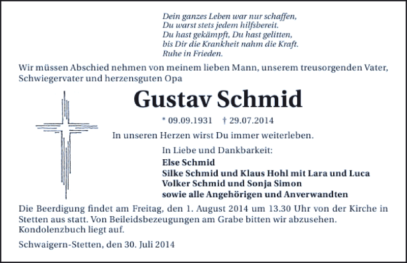  Traueranzeige für Gustav Schmid vom 31.07.2014 aus 