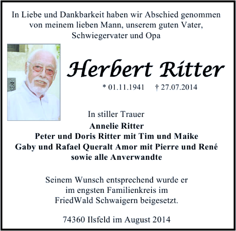 Traueranzeigen von Herbert Ritter | www.trauerundgedenken.de