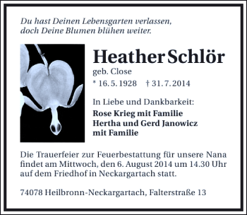 Traueranzeige von Heather Schlör 