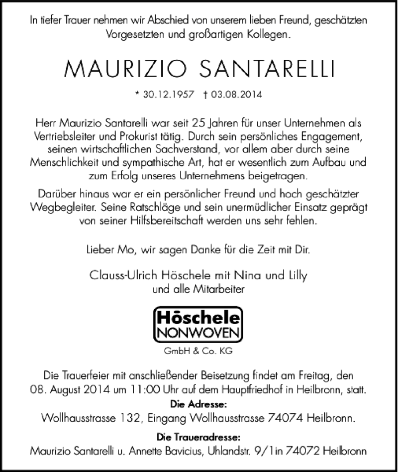  Traueranzeige für Maurizio Santarelli vom 06.08.2014 aus 