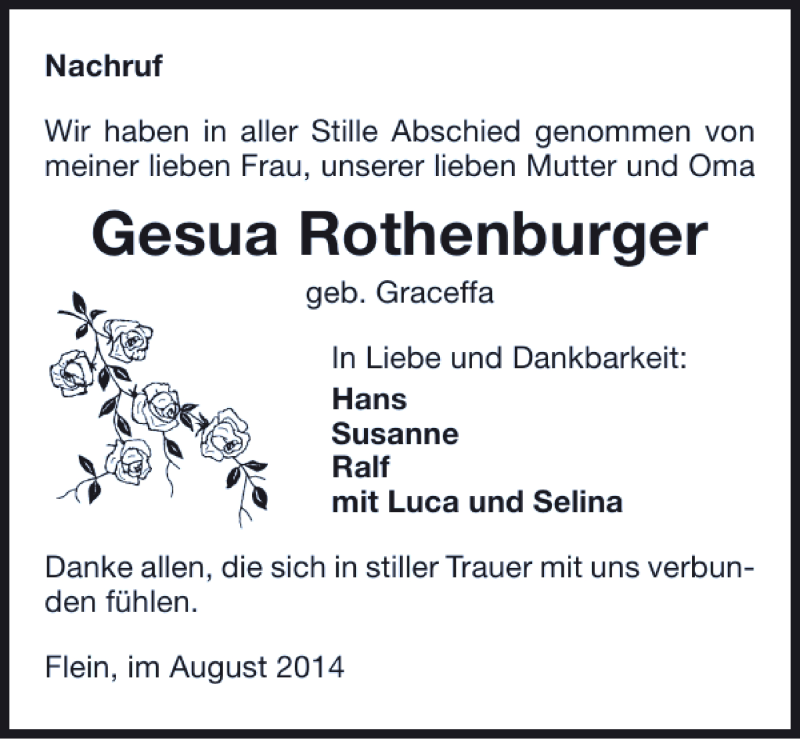  Traueranzeige für Gesua Rothenburger vom 06.08.2014 aus 